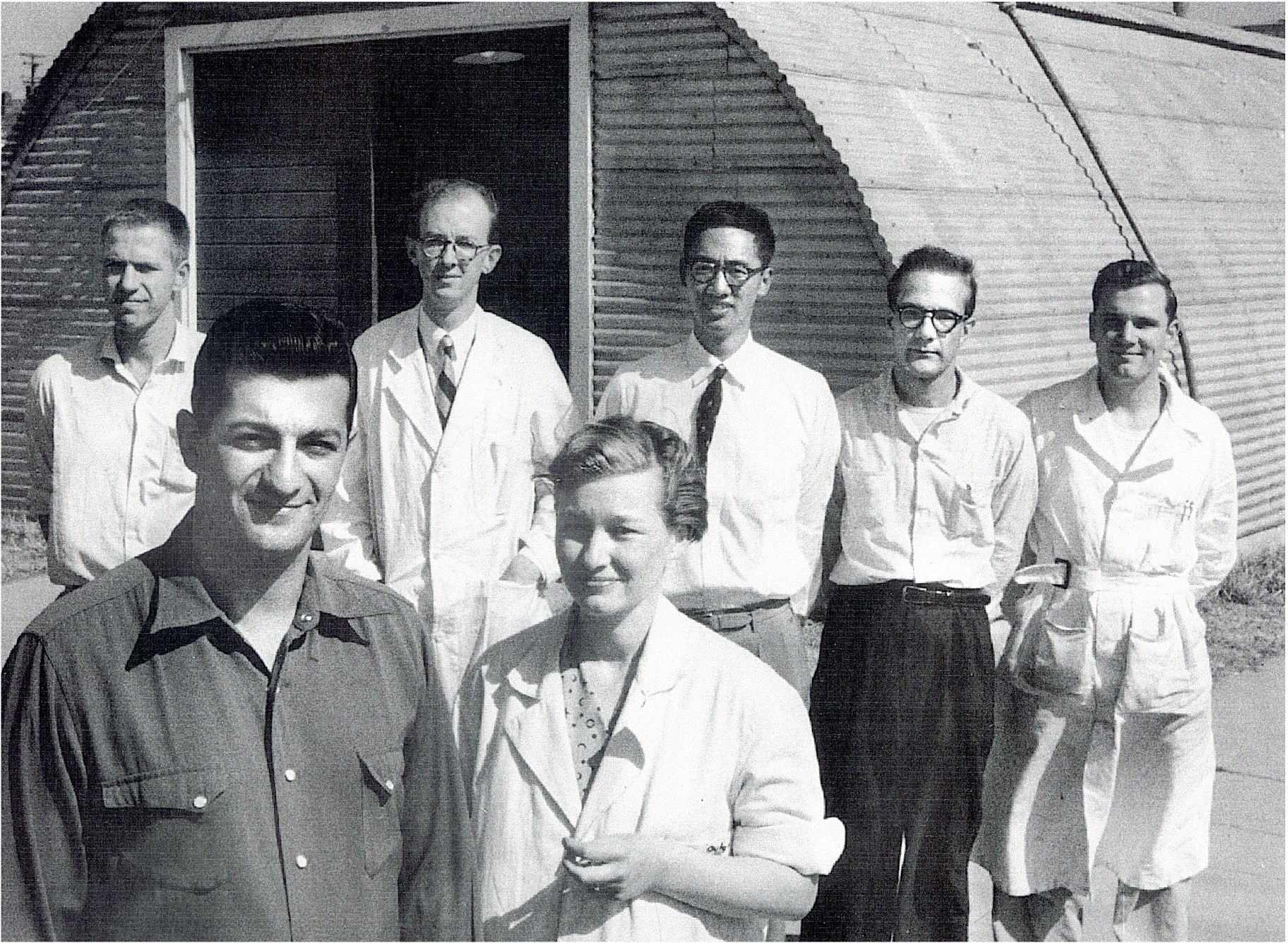 Archive photo of David and Alice Schwartz in front of their lab in Richmond.