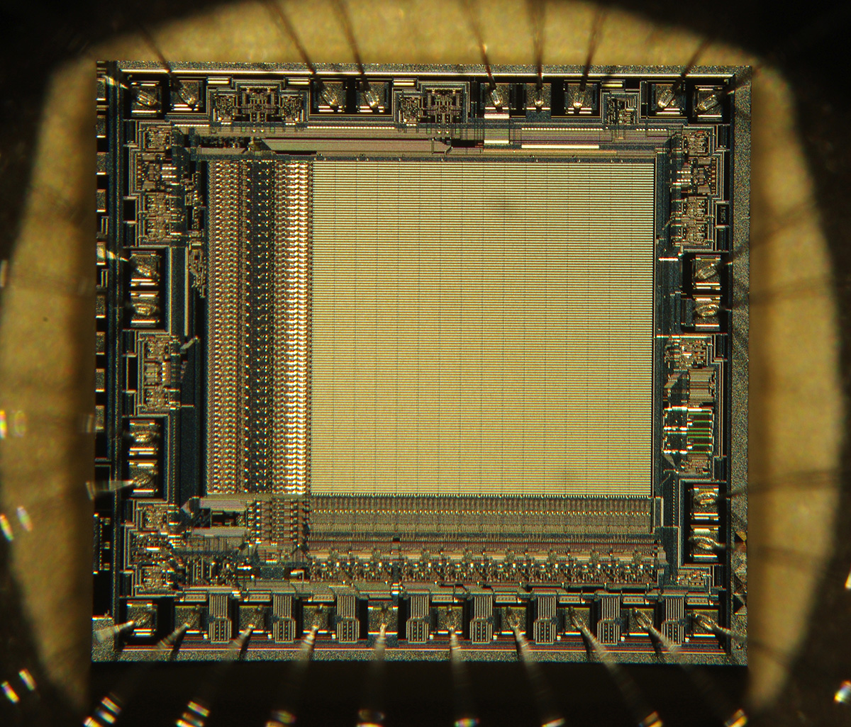 photo of a golden microchip with semiconductor systems.