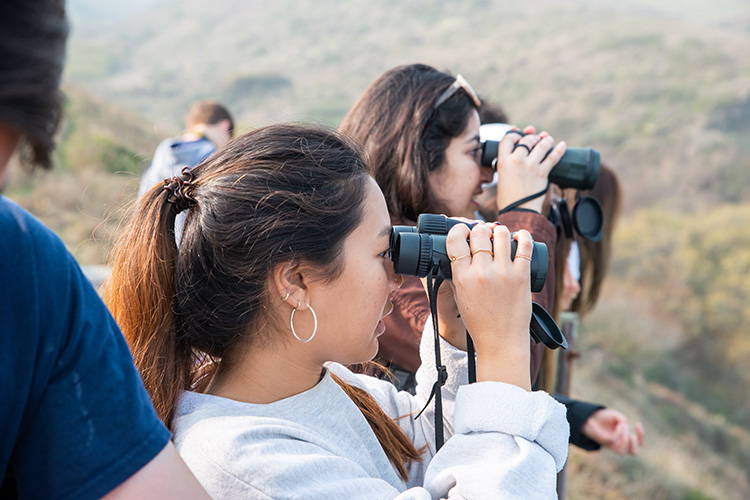 Students look through binoculars as part of an integrative biology field trip.
