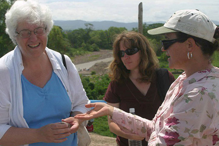 Rosemary Joyce and anthropology professor Laurie Wilkie visit postdoctoral scholar Laura O'Rourke at Berkeley-sponsored excavation at Yarumela, Honduras in 2008. 