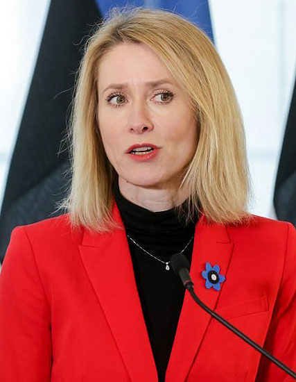 Kaja Kallas, prime minister of Estonia, speaking before a microphone