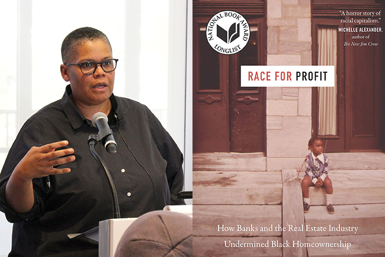 Keeanga-Yamahtta Taylor talking next to a photo of her book "Race for Profit"