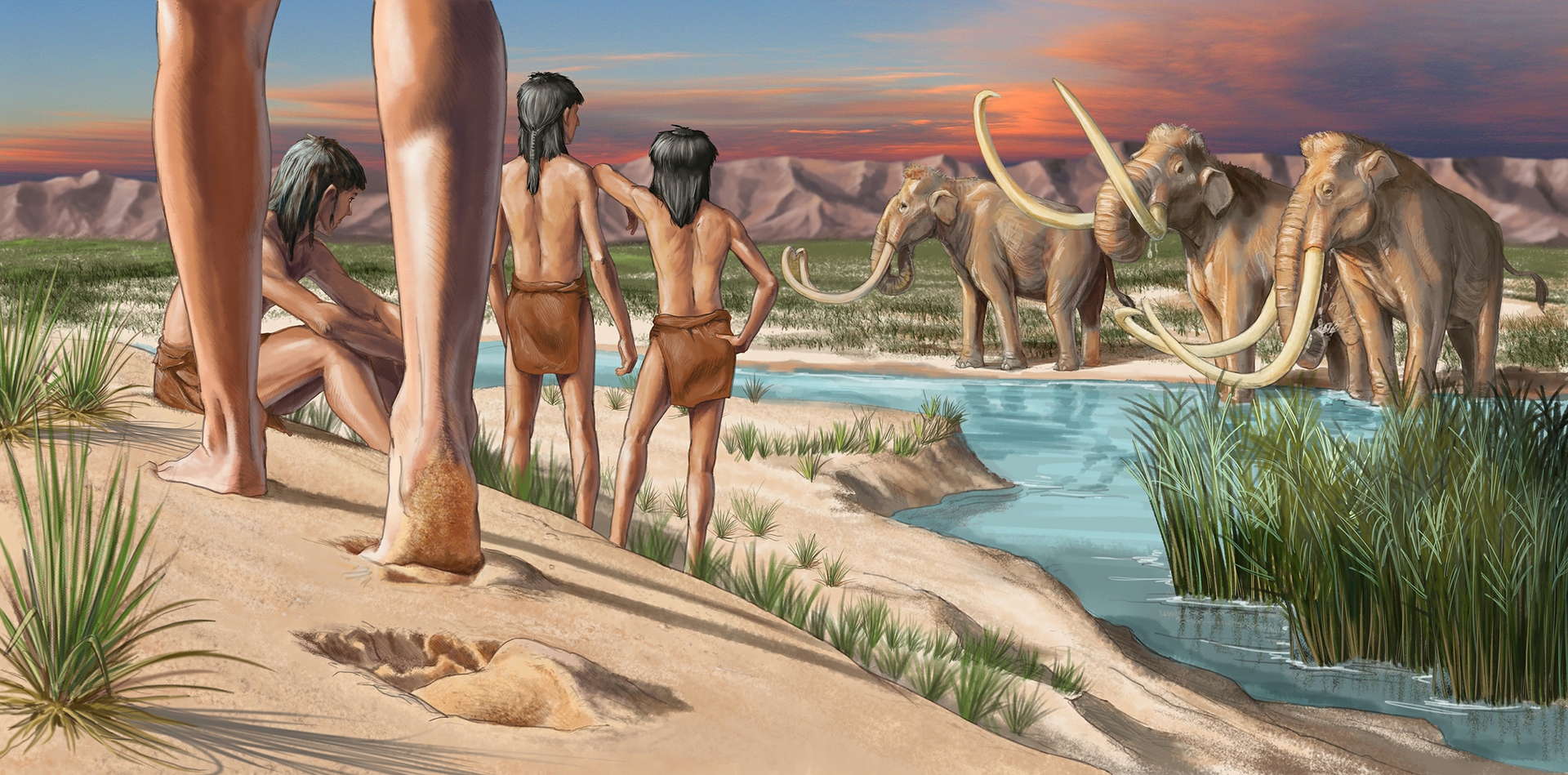painting of shirtless boys staring at 3 mammoths in the water