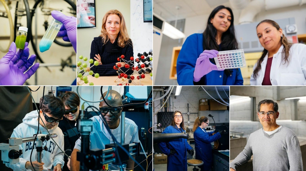 A collage of photos shows scientists working in different types of lab environments