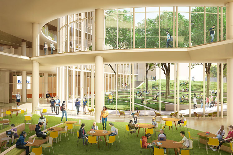 An artistic rendering shows a large open space of a building, featuring two-story tall windows. Inside the space, people sit at desks and walk through the area.