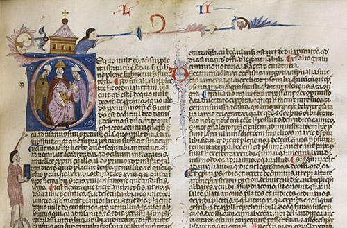 Fancy illuminated manuscript with trumpet blowing across top