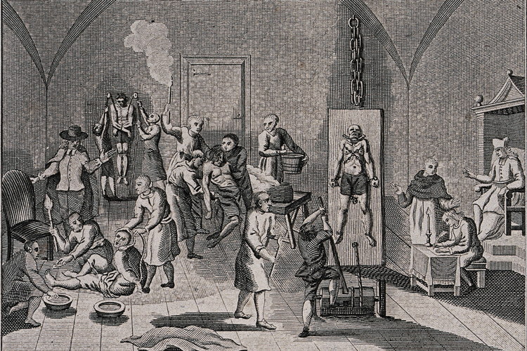 An undated etching depicts a Spanish Inquisition torture chamber, with men and women being subjected to various sorts of torture