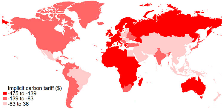 A map of the world, showing each country in a shade of red, white, or pink, indicating the extent of the "environment bias" in their trade policy.