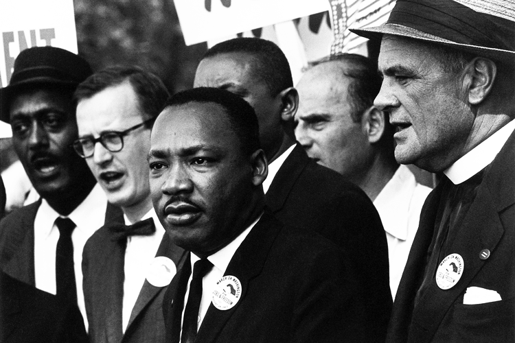 Martin Luther King, center, with fellow civil rights leaders including Mathew Ahmann (in eyeglasses), founder of National Catholic Council for Interracial Justice.