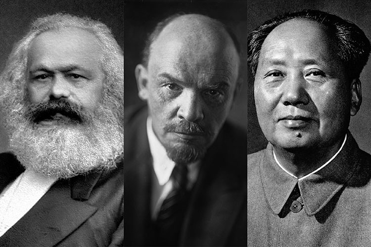 a historic montage of three iconic communist thinkers — (from left) Karl Marx, V.I. Lenin, and Mao Zedong