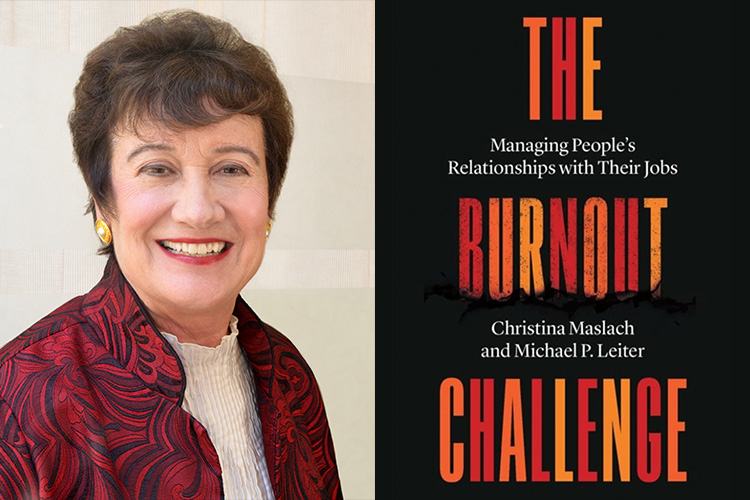 A portrait of a smiling woman with a red blazer next to a cover a book called The Burnout Challenge.