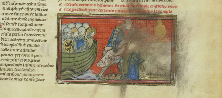 A French medieval text with an image that has a kidnapping scene smudged out