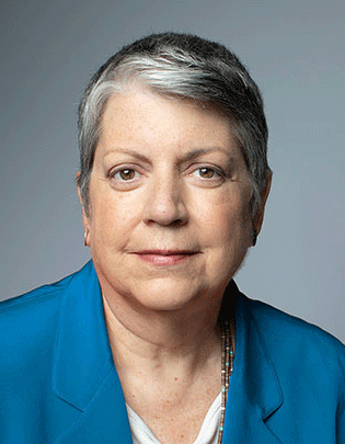 head shot of Janet Napolitano in an sapphire-blue jacket