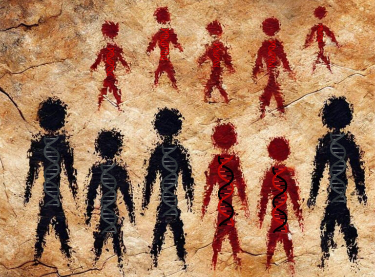 red and black human figures on the wall of a cave, with DNA helices inside each figure