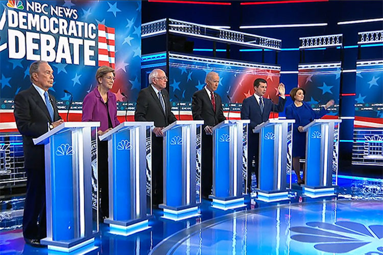 Six Democratic candidates were on the stage in Las Vegas, Nevada, on Wednesday Feb. 19 for a debate before the Nevada Democratic caucuses. From left to right: Former New York City Mayor Michael Bloomberg; U.S. Sen. Elizabeth Warren of Massachusetts; U.S. Sen. Bernie Sanders of Vermont; former Vice President Joe Biden; former South Bend, Ind., Mayor Pete Buttigieg; and U.S. Sen. Amy Klobuchar of Minnesota. The event was organized by NBC-TV.
