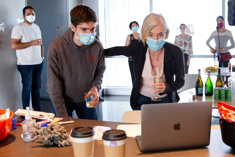 Jennifer Doudna toasting her colleagues via Zoom