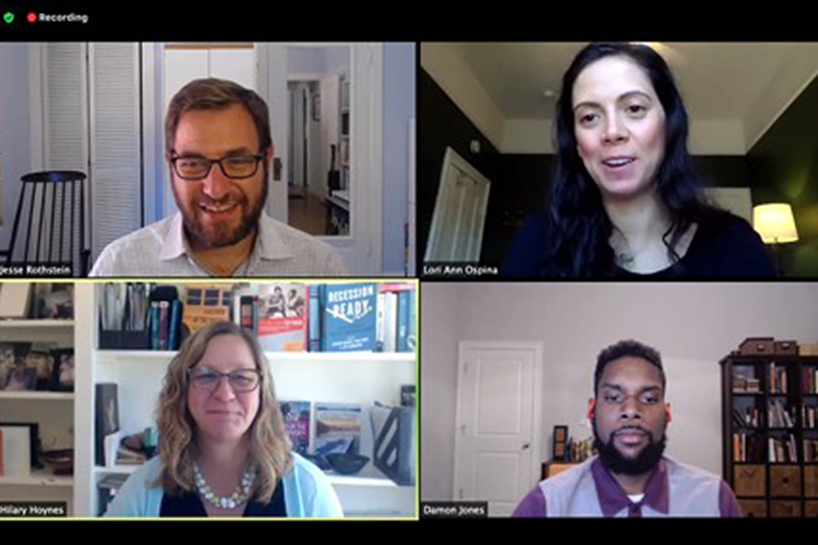 Screen shots of speakers at the UC Berkeley Opportunity Lab online event on COVID-19 and the U.S. social safety net: Jesse Rothstein (top left), Lori Ann Ospina (top right), Damon Jones (bottom right) and Hilary Hoynes (bottom left).