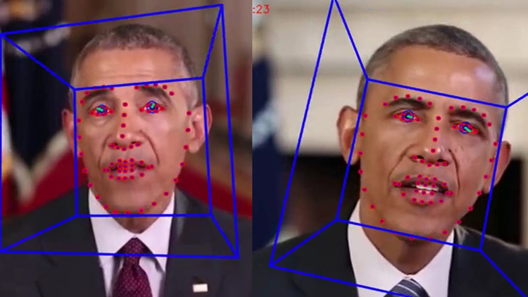 Two photos of President Obama are side-by-side. They have blue boxes and red dots over his face.