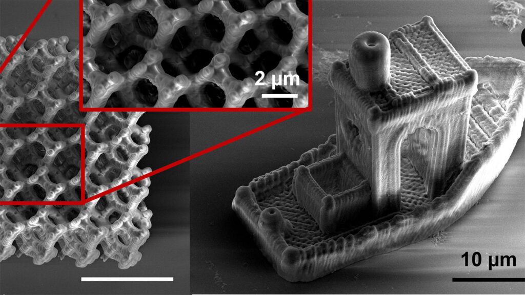 Photo of a nanoscale 3D printing benchmarking model called a &quot;3DBenchy&quot; showcases how a new 3D printing technique enabled researchers to embed nitrogen vacancy centers in complex, microscale 3D structures.