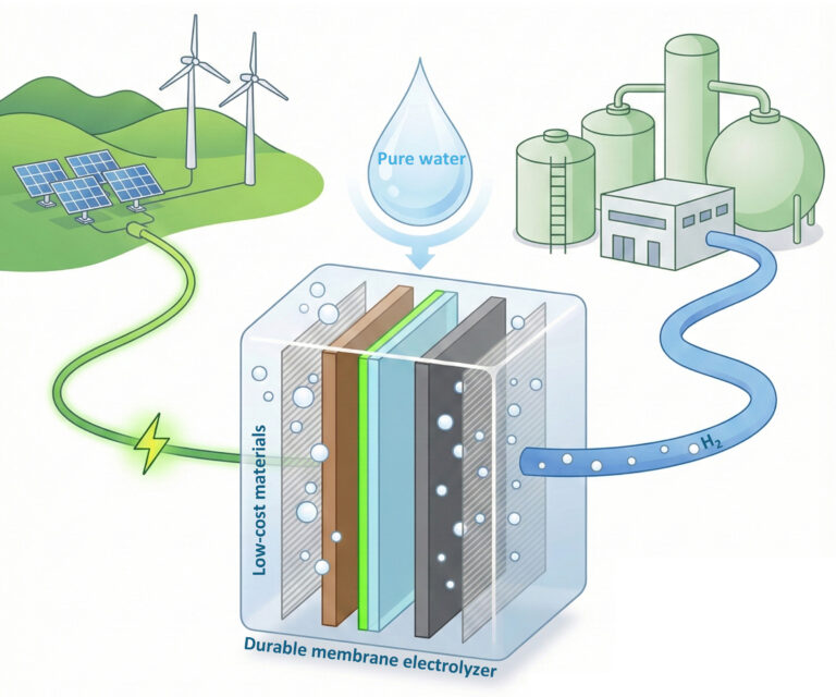 diagram showing wind and solar providing power to a sandwich-like electrolyzer, which turns pure water into hydrogen to power an industrial plant