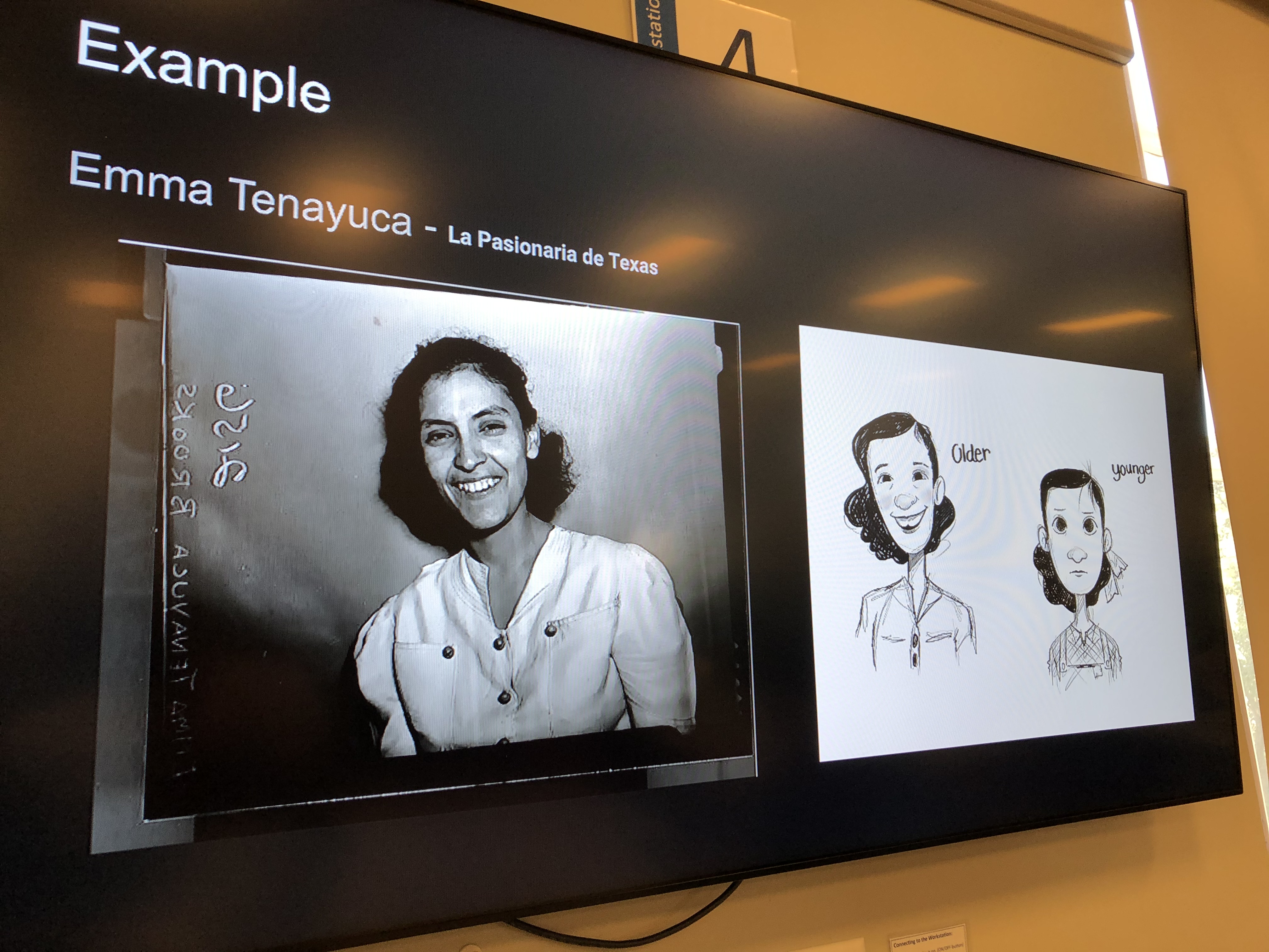 Screen monitor with a photo of civil rights activist Emma Tenayuca next to an illustration of the woman.