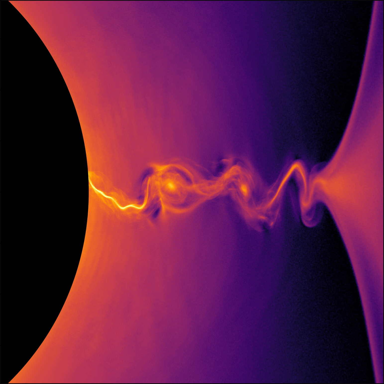 Image - This visualization of a general-relativistic collisionless plasma simulation shows the density of positrons near the event horizon of a rotating black hole. Plasma instabilities produce island-like structures in the region of intense electric current. (Credit: Kyle Parfrey et al./Berkeley Lab)