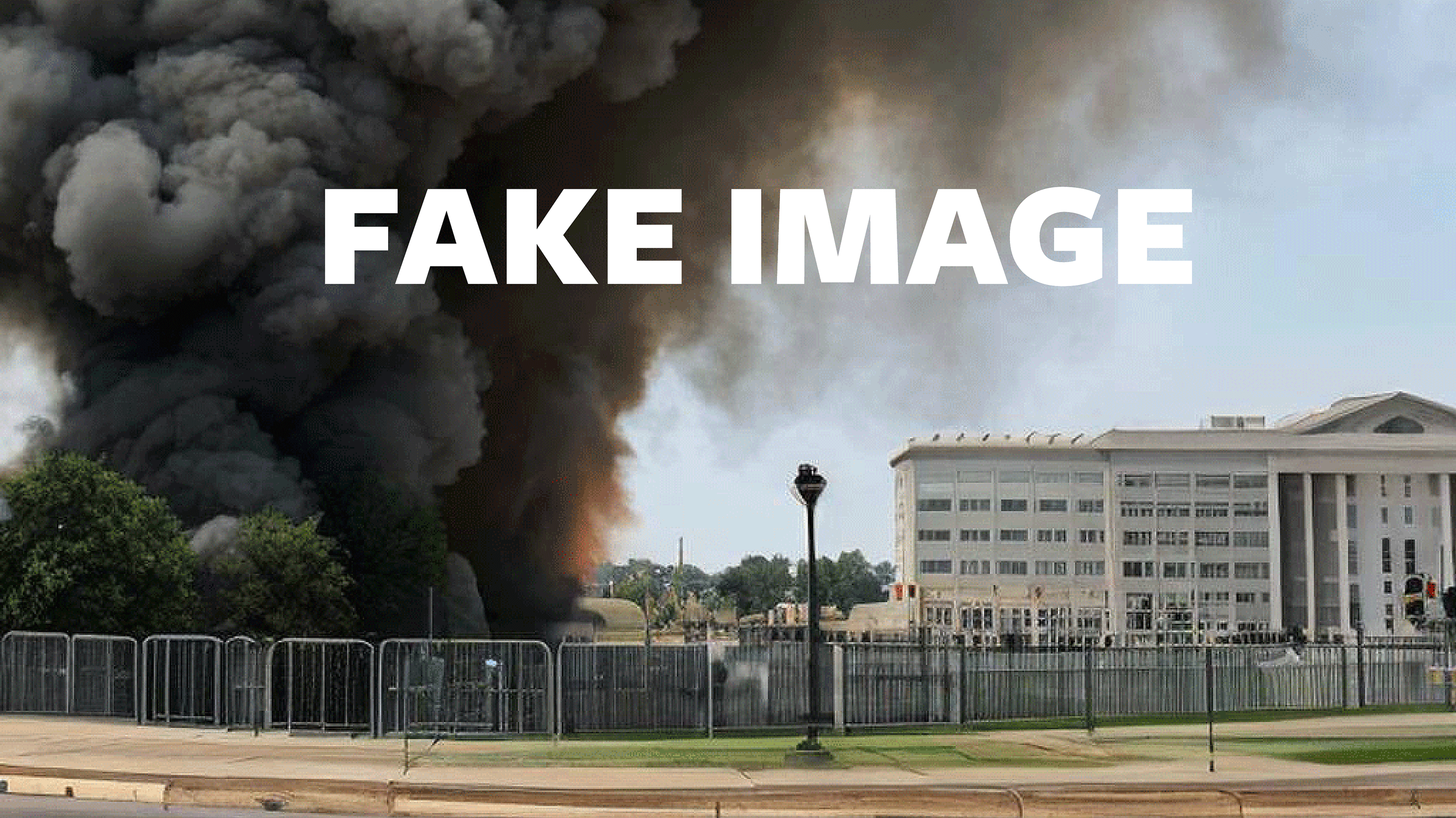 An image produced by artificial intelligence appears to show dense black smoke outside of a building identified as the Pentagon near Washington, DC