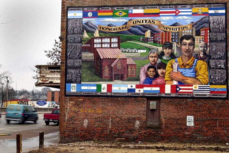 Latinx mural with all of the Latin American flags on it