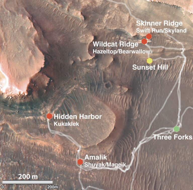 aerial view of reddish rocks with a white line showing meandering path of rover