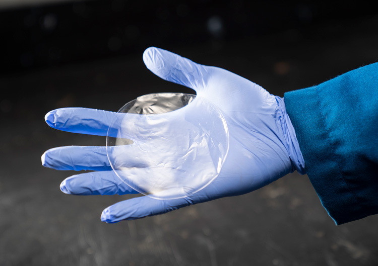 A blue-gloved hand holding a circular piece of plastic