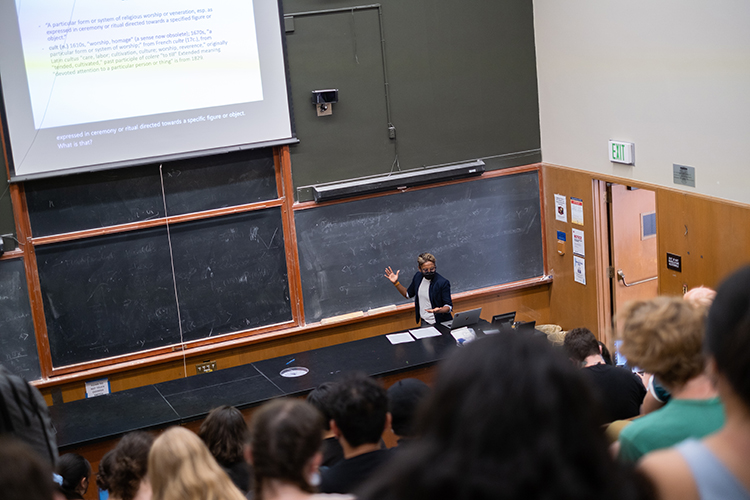 Associate professor of English Poulomi Saha standing at a blackboard in front of her lecture class.