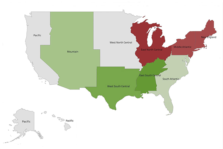 A map of U.S. with the Northeast shaded dark red, the South shaded green and the West a lighter green. The dark red indicates greater levels of racial disparity in pretrial detention for federal court cases; the greens indicate lesser disparity.