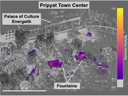 An image shows a gray 3D-reconstruction of a portion of the town of Pripyat with areas of residual contamination highlighted in purple.