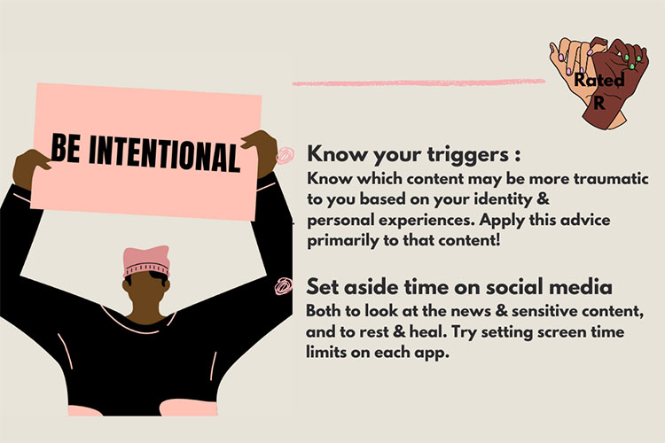 A webpage from Rated R, a website to help prevent vicarious trauma from watching graphic news, gives tips to viewers. Text reads: "Know your triggers" and "set aside time on social media." and A character holds up a sign that says "Intentional."