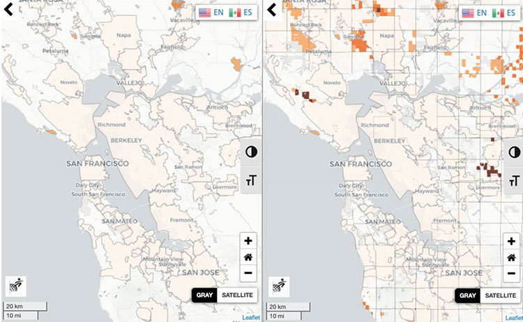 Two maps show arsenic groundwater contamination in the San Francisco Bay Area
