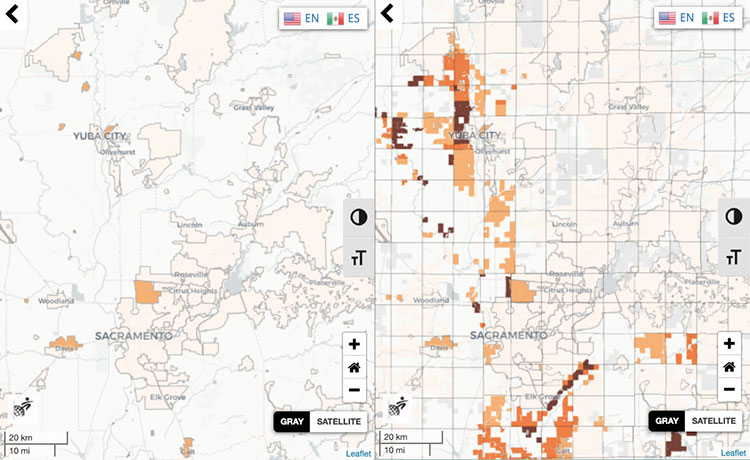 Two maps side-by-side show groundwater contamination with arsenic in the regions surrounding Sacramento and Yuba City.