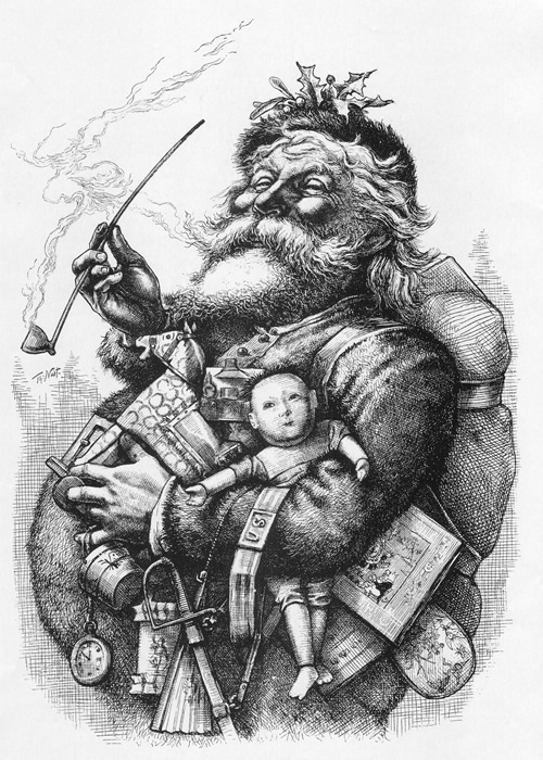 Black and white drawing of an overweight Santa spoking a pipe.