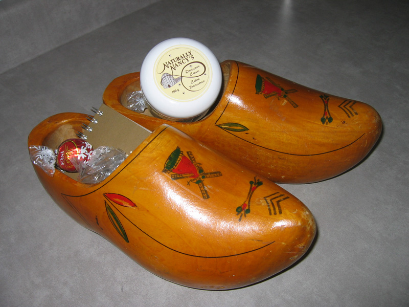A wooden shoe — in Dutch, a klompen — with candy inside of them.
