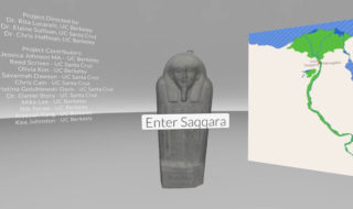 Opening scene of the virtual tour of the Saqqara burial ground showing an animation, a sarcophagus and a map if the Nile. 