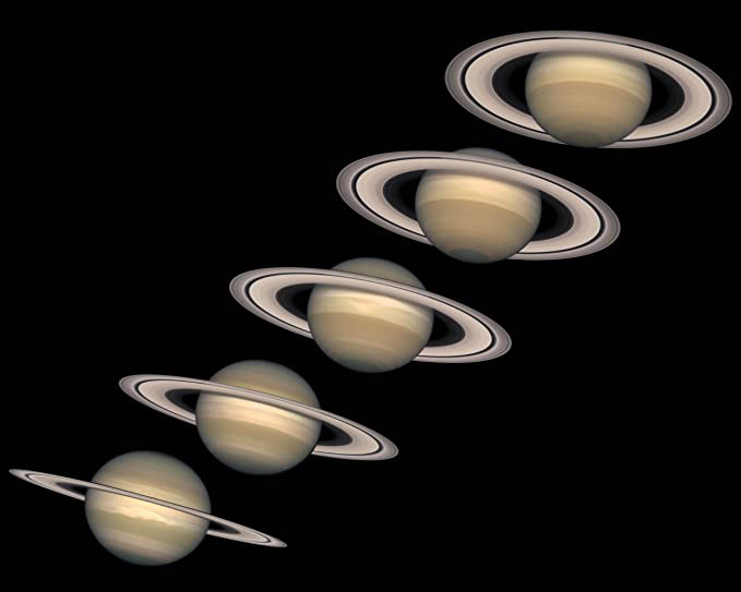 5 images of Saturn, showing tilt of planet's axis