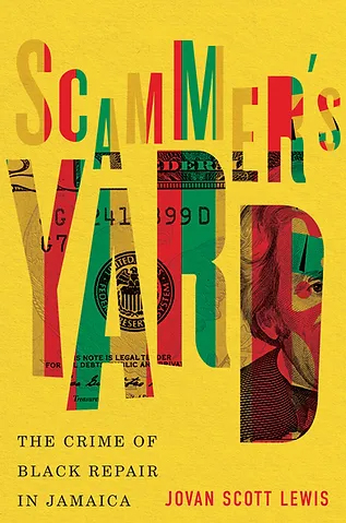 cover of Scammer's Yard book, bright yellow with words in colors of Jamaican flag