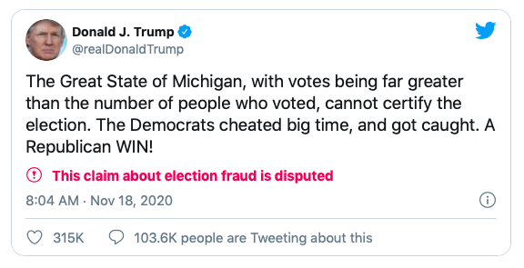 Trump's tweet flagged by Twitter "This claim about election fraud is disputed"