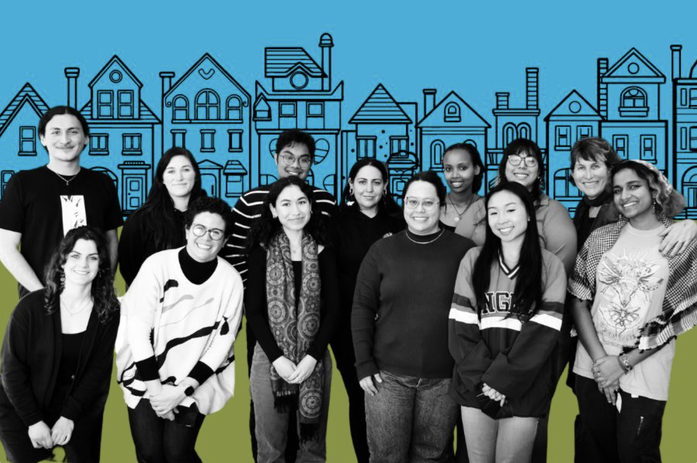 image of a group of people standing in front of a cartoon wall of houses