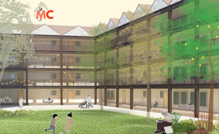 A four-story apartment complex. Children play on a lawn as older adults sit on a couch in a shaded veranda area.