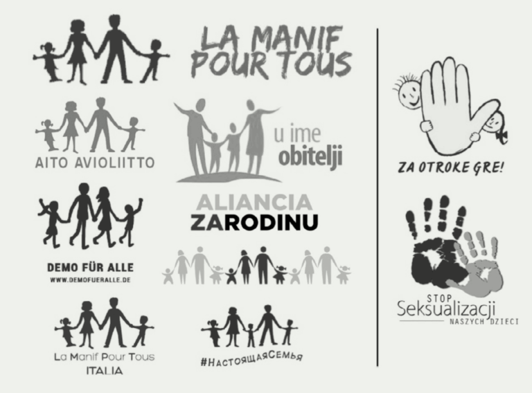 images with captions in various languages of families holding hands and two hands stretched up in a stop sign