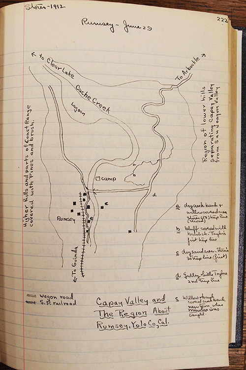 A photo of an old notebook showing a hand-drawn map of a field site