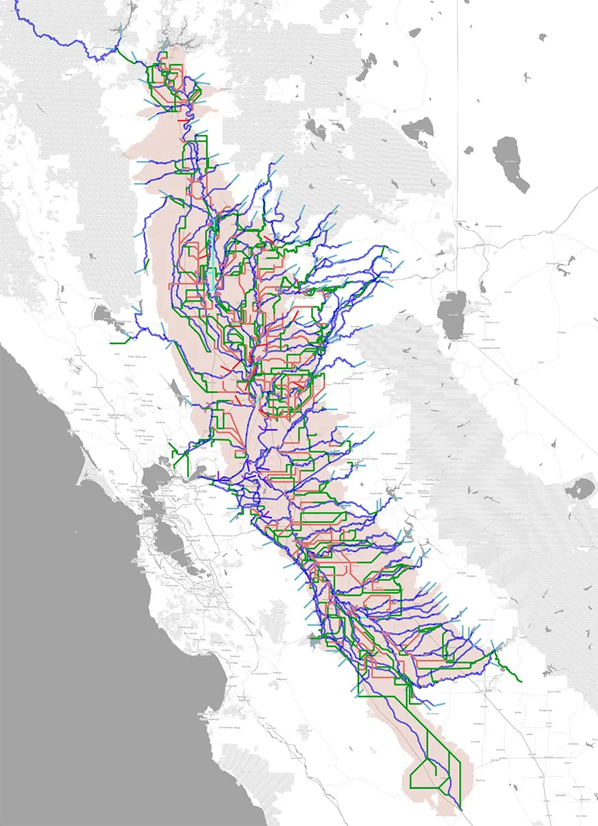 image of a map representating the large reservoirs, canals, and rivers that store and deliver to all major water users throughout the Central Valley, the Bay Area, and Southern California