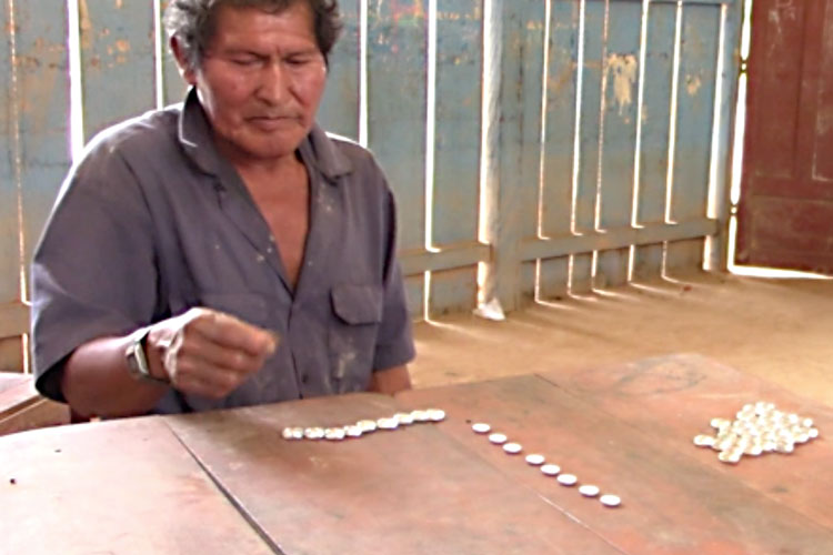 A member if Bolivia's Indigenous Tsimane' counts glass beads and white buttons.