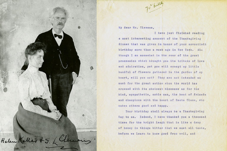 A composite image of Mark Twain posing with Helen Keller next to a letter written by Keller to Twain