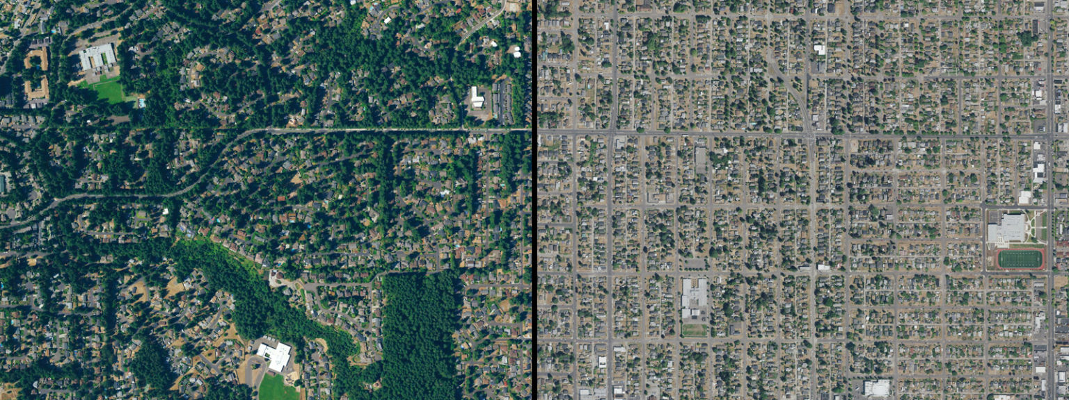 An aerial view showing the differences in tree cover in two neighboring cities.